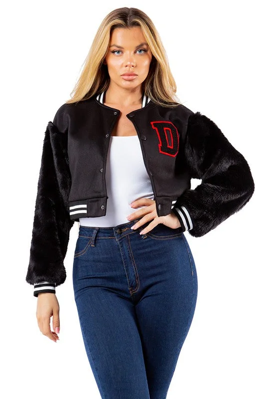 SEXY BOMBER WITH FAUX FUR JACKET Embroidered Jacket Appliqued Jacket Beaded Jacket