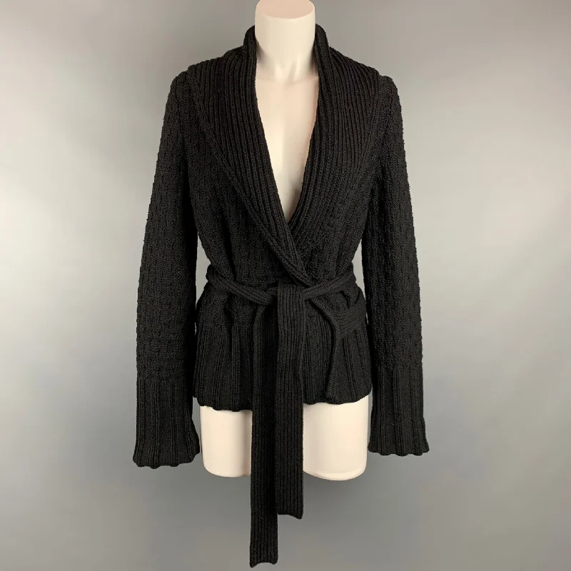 SONIA RYKIEL Size 2 Black Knitted Textured Wool / Cashmere Belted Cardigan Front Pockets Side Pockets Patch Pockets