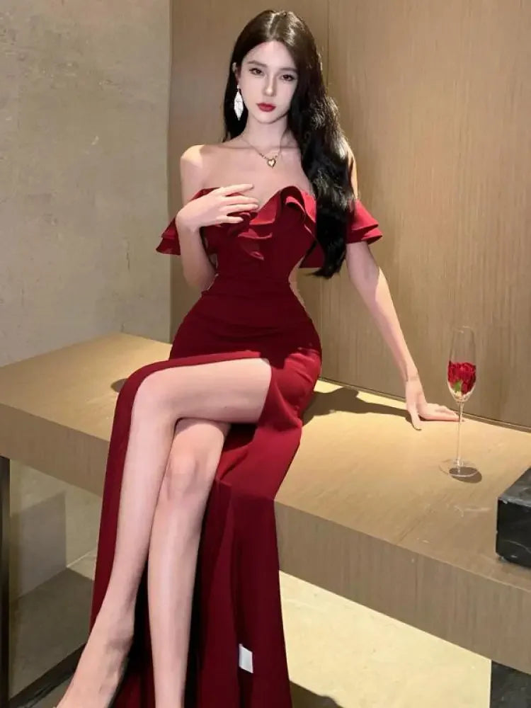Women's Sexy Backless High Split Ruffles Wrapped Hip Dress, Elegant Luxury Off Shoulder Party Evening Dresses, Red, Summer Women's Sexy Backless High Split Ruffles Wrapped Hip Dress, Elegant Luxury Off Shoulder Party Evening Dresses, Red, Summer