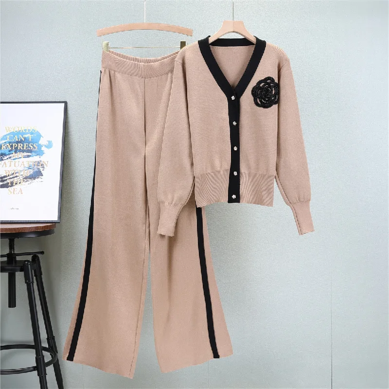 Sweaters Suit V-neck Long-sleeved Cardigan Loose Wide-leg Pants Two-piece Set Boat Neck Shawl Collar Notched Collar