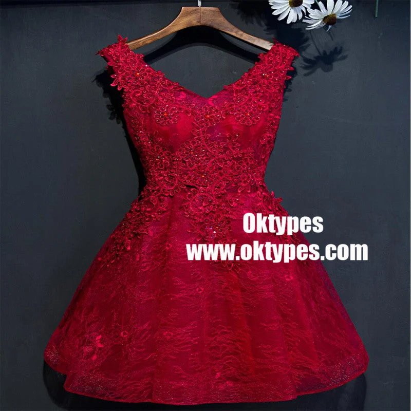 Two Straps Red Lace Heavily Beaded Homecoming Prom Dresses, TYP0902