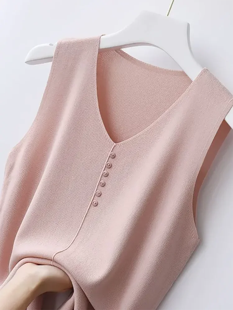 Knitted Vests Women Top V-neck Solid Tank Blusas Mujer De Moda 2024 Summer New Fashion Female Sleeveless Casual Thin Tops neon tank top