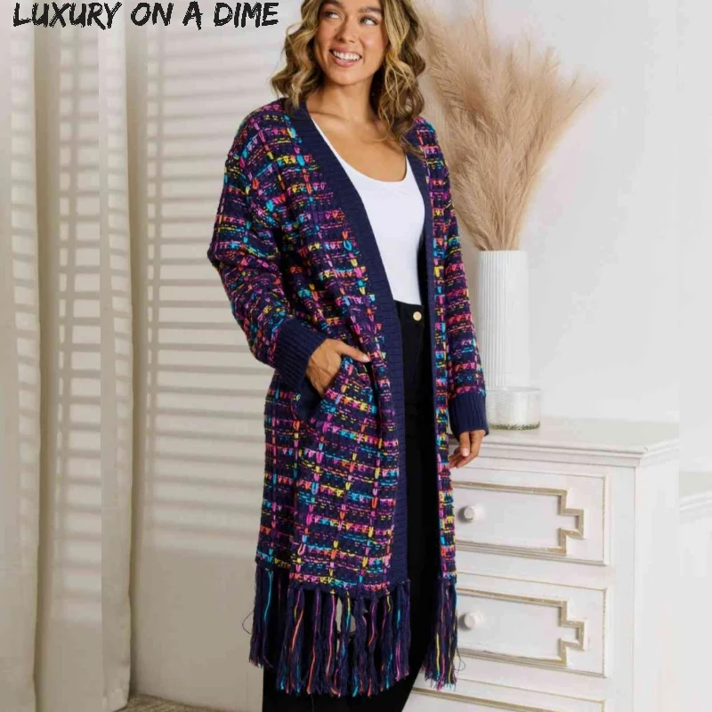 Bold Retro Knit Colorful Fringe Hem Longline Duster Sweater Pocket Cardigan Casual Formal Business Bold Retro Knit Colorful Fringe Hem Longline Duster Sweater Pocket Cardigan Casual Formal Business