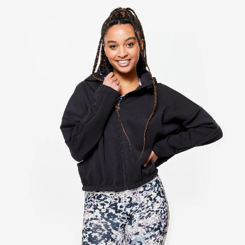 Women's Long-Sleeved Fitness Hooded Jacket - Smoky Black Herringbone Jacket Houndstooth Jacket Plaid Jacket