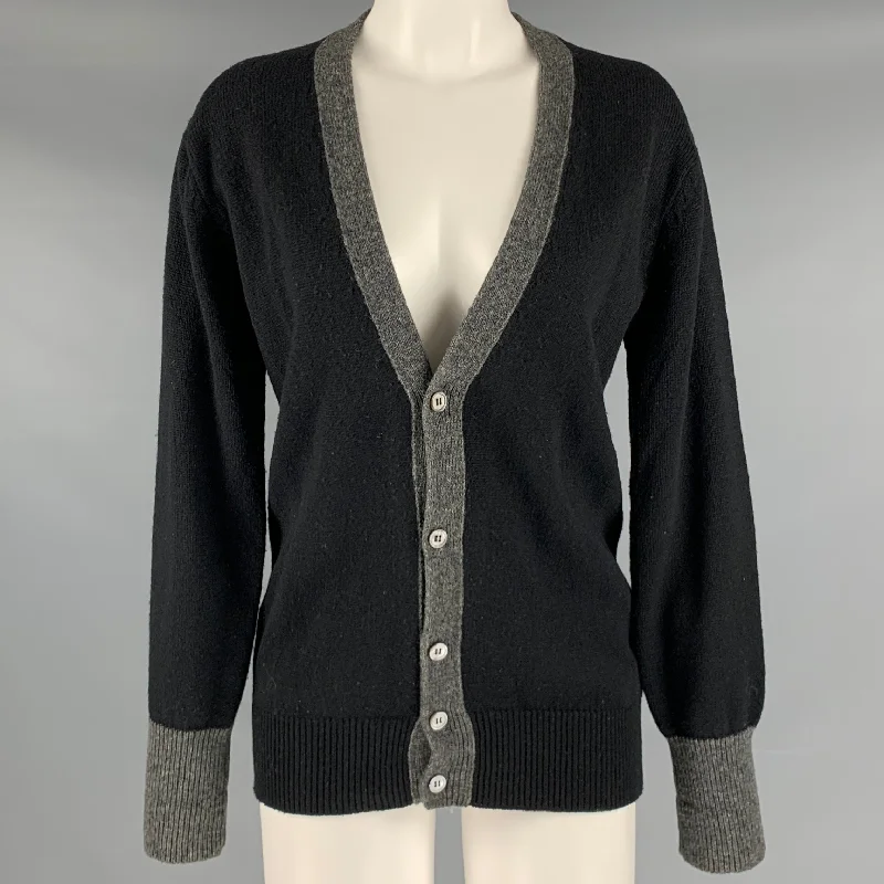 COMME des GARCONS 1980s Size S Black Grey Wool Knit Buttoned Cardigan Chenille Fabric Brocade Fabric Lace Fabric COMME des GARCONS 1980s Size S Black Grey Wool Knit Buttoned Cardigan Chenille Fabric Brocade Fabric Lace Fabric