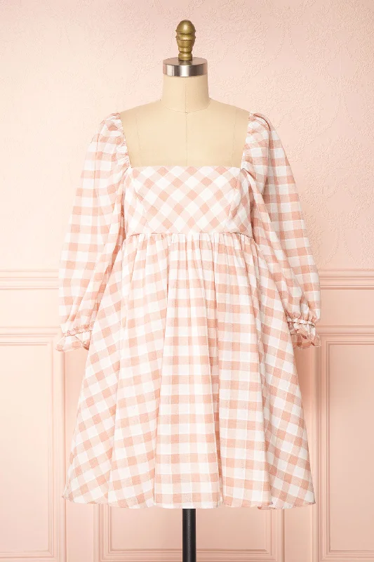 Conie Pink | Puffy Sleeves Short Checkered Dress