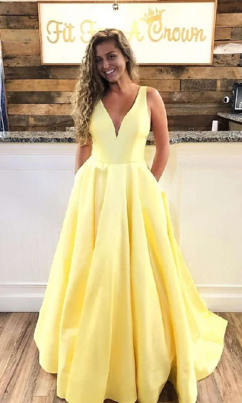 Yellow V-Neck Long Prom Dresses with Pockets,Graduation Dress,Satin Evening Ball Gowns for Women cg738 Yellow V-Neck Long Prom Dresses with Pockets,Graduation Dress,Satin Evening Ball Gowns for Women cg738
