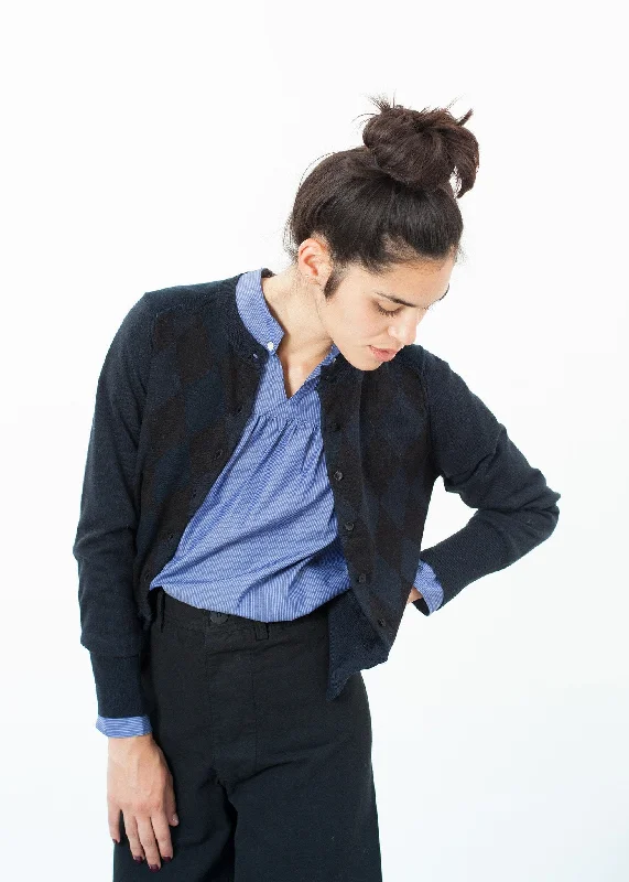 Quilt Pattern Cardigan in Black/Navy Real Fur Shearling Chenille