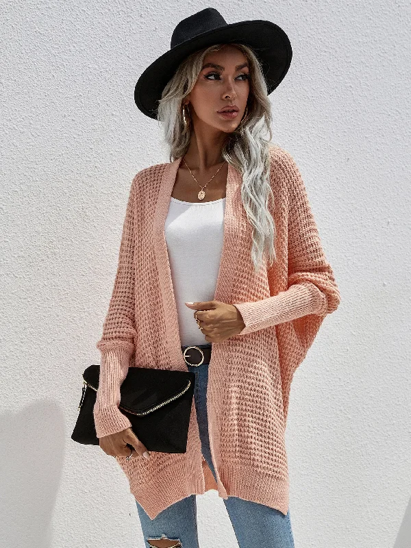 Waffle Knit Open Front Cardigan Crew Neck V-Neck Turtle Neck