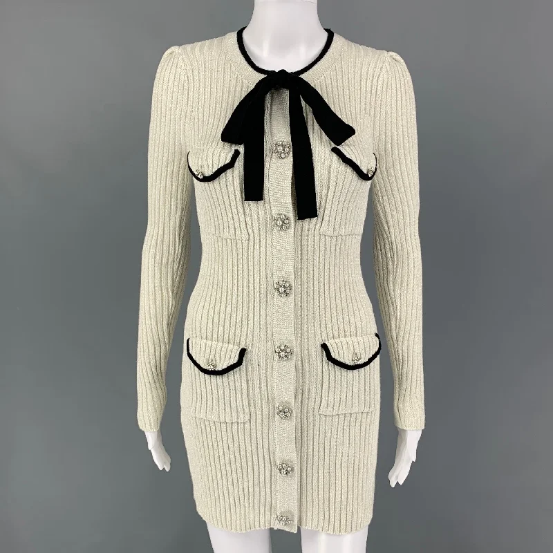 SELF-PORTRAIT Size 4 White Silver Knit Ribbed Long Cardigan Plaid Cardigan Polka Dot Checkered SELF-PORTRAIT Size 4 White Silver Knit Ribbed Long Cardigan Plaid Cardigan Polka Dot Checkered