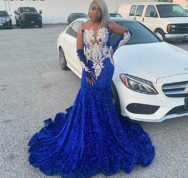 Sparkly Royal Blue Sequins Prom Dress Black Girls Silver Crystals Rhinestones Beaded Birthday Party Gala Gowns Sparkly Royal Blue Sequins Prom Dress Black Girls Silver Crystals Rhinestones Beaded Birthday Party Gala Gowns