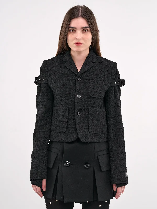 Strap Tweed Jacket (JK0-25-008-W-BLACK) Zip Front Button Front Snap Front