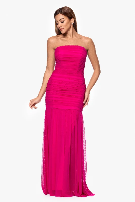 "Drew" Strapless Mesh Floor Length Dress