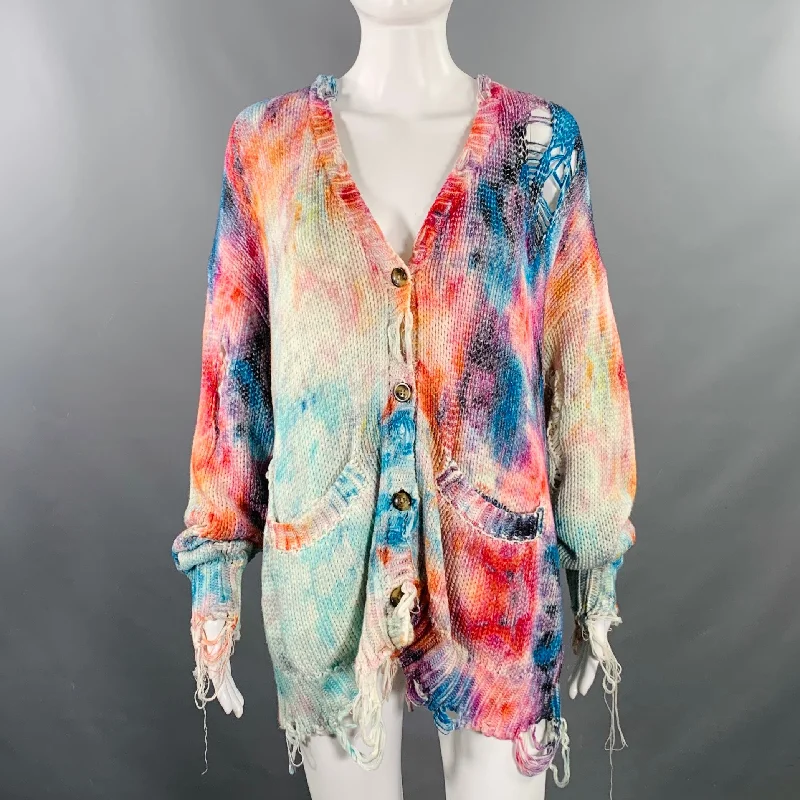 R13 Size XS SS23 Multi-Color Cotton Tie Dye Oversized Distressed Cardigan Ribbed Striped Patterned