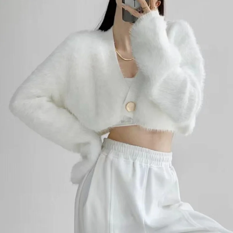 Fashion Women Solid Color Sweet Plush Loose Knitwear Cardigan Zippered Buttoned Snapped