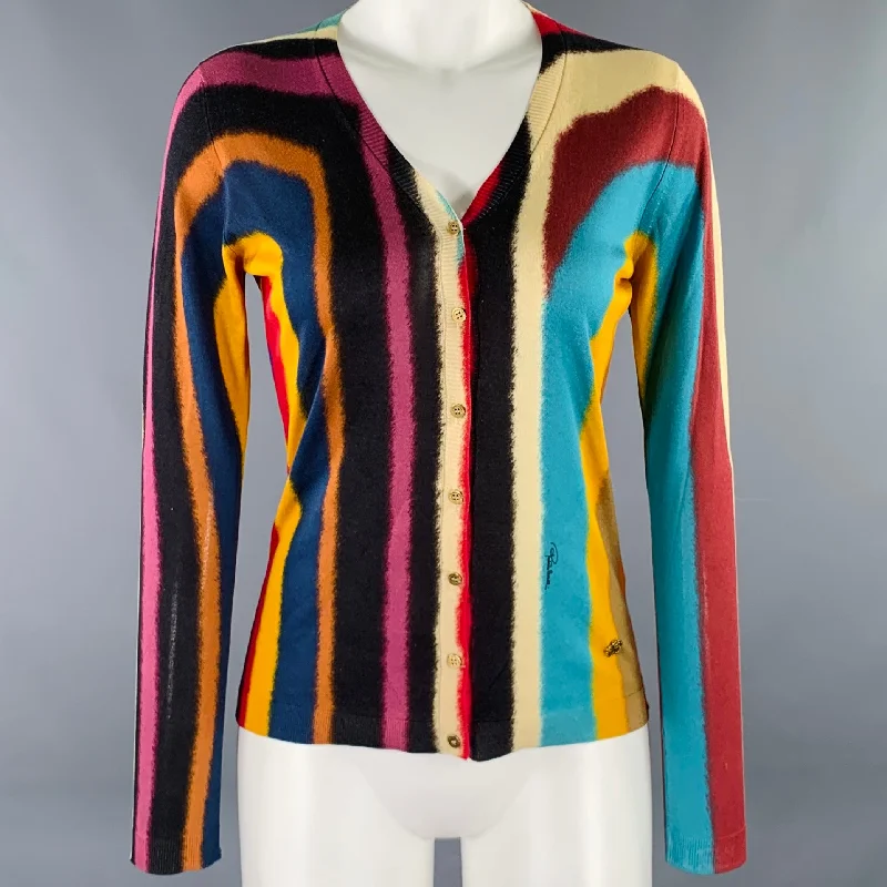 ROBERTO CAVALLI Size S Multi Color Watercolor Cardigan Mesh Cardigan Canvas Denim