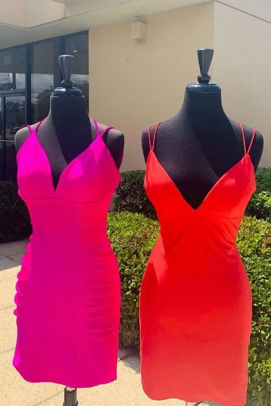 V-neck Satin Sexy Spaghetti Straps Short Prom Dresses, Homecoming Dresses
