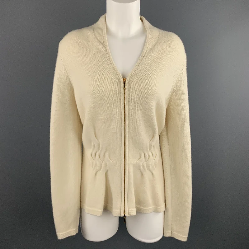 ESCADA Size M Cream CashmereV Neck Cable Knit Panel Zip Cardigan Terry Blend Velvet Blend Canvas Blend ESCADA Size M Cream CashmereV Neck Cable Knit Panel Zip Cardigan Terry Blend Velvet Blend Canvas Blend