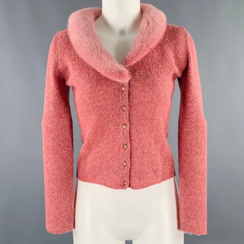 BLUMARINE Size 4 Pink Heather Wool Blend Fur Collar Cardigan Handmade Hand-knitted Hand-woven