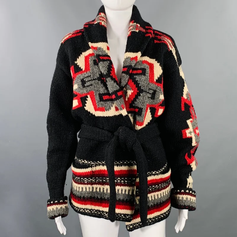 RALPH LAUREN Size S Black Red Black Wool Shawl Collar Cardigan Solid Print Embellished