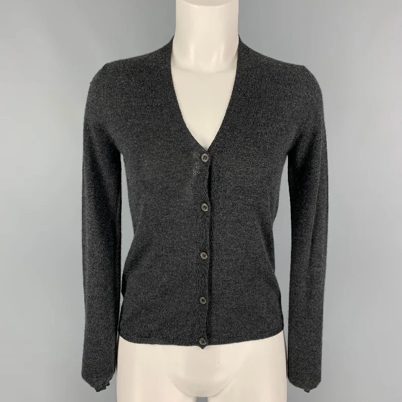 PRADA Size 2 Grey Heather Cashmere Silk V-Neck Cardigan Terry Blend Velvet Blend Canvas Blend PRADA Size 2 Grey Heather Cashmere Silk V-Neck Cardigan Terry Blend Velvet Blend Canvas Blend