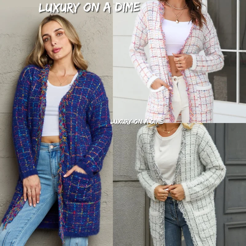 Plaid Retro Knit Colorful Fringe Fur Hem Longline Sweater Cardigan Silk Blend Satin Velvet Plaid Retro Knit Colorful Fringe Fur Hem Longline Sweater Cardigan Silk Blend Satin Velvet