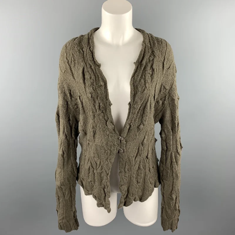 BUTAPANA Size M Olive Knitted Textured Wool Cardigan Glossy Satin Silk
