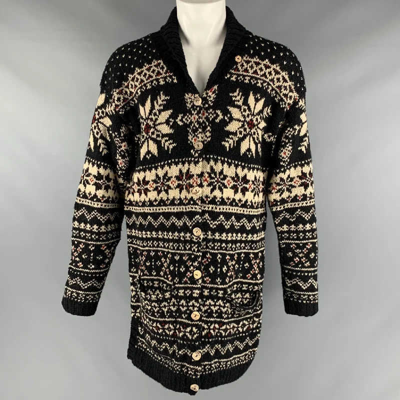 RALPH LAUREN Size L Black Cream Wool Silk Snowflake Cardigan Striped Floral Plaid