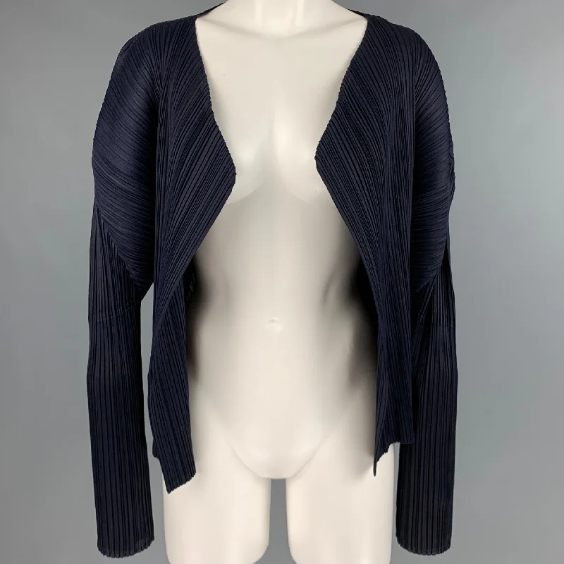 ISSEY MIYAKE Size M Navy Pleated Open Front Cardigan - Womens Boat Neck Shawl Collar Notched Collar ISSEY MIYAKE Size M Navy Pleated Open Front Cardigan - Womens Boat Neck Shawl Collar Notched Collar