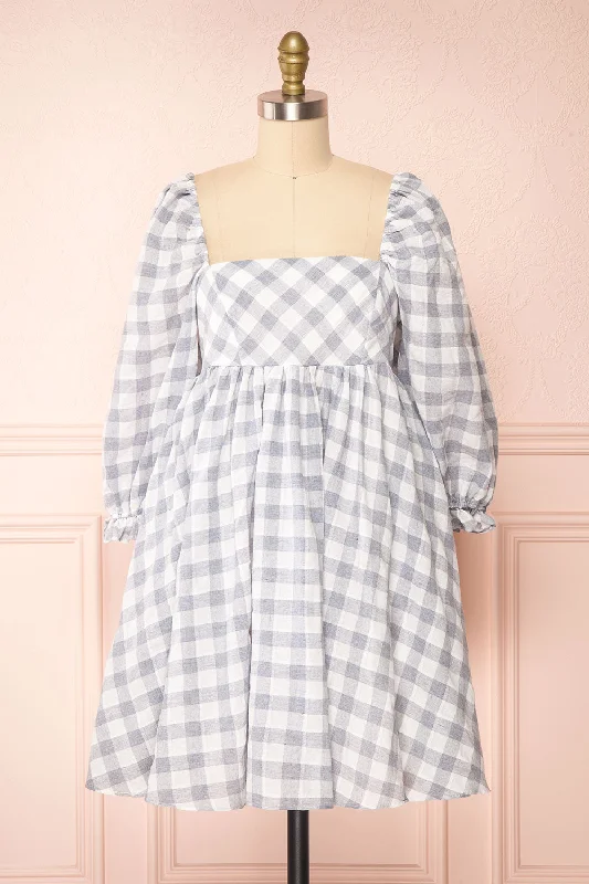 Conie Blue | Puffy Sleeves Short Checkered Dress