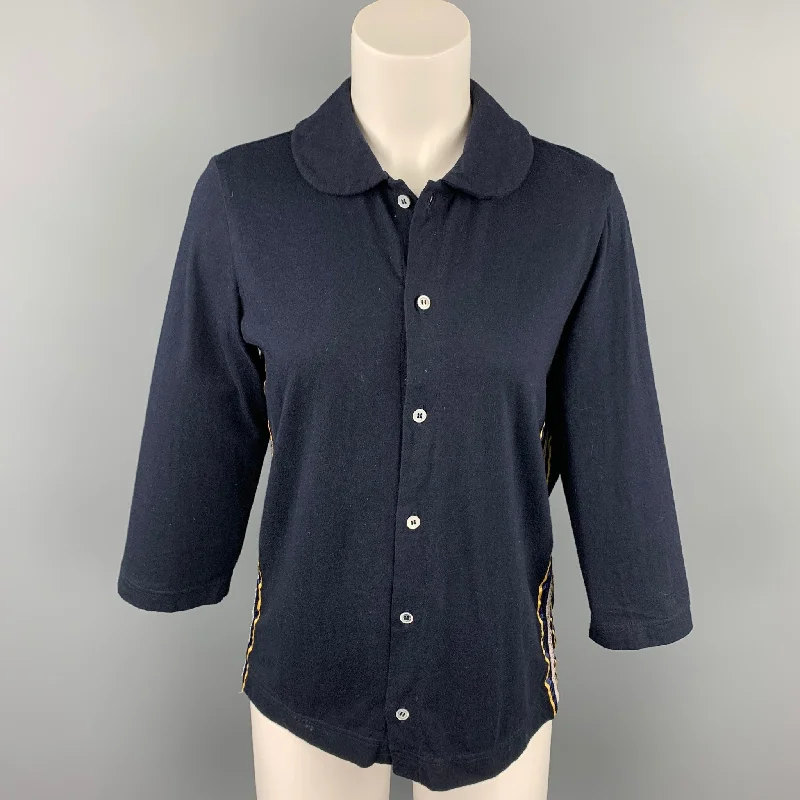 COMME des GARCONS TRICOT Size M Navy Stripe Trim Cotton Cardigan Boxy Cardigan Fitted Cardigan A-Line COMME des GARCONS TRICOT Size M Navy Stripe Trim Cotton Cardigan Boxy Cardigan Fitted Cardigan A-Line