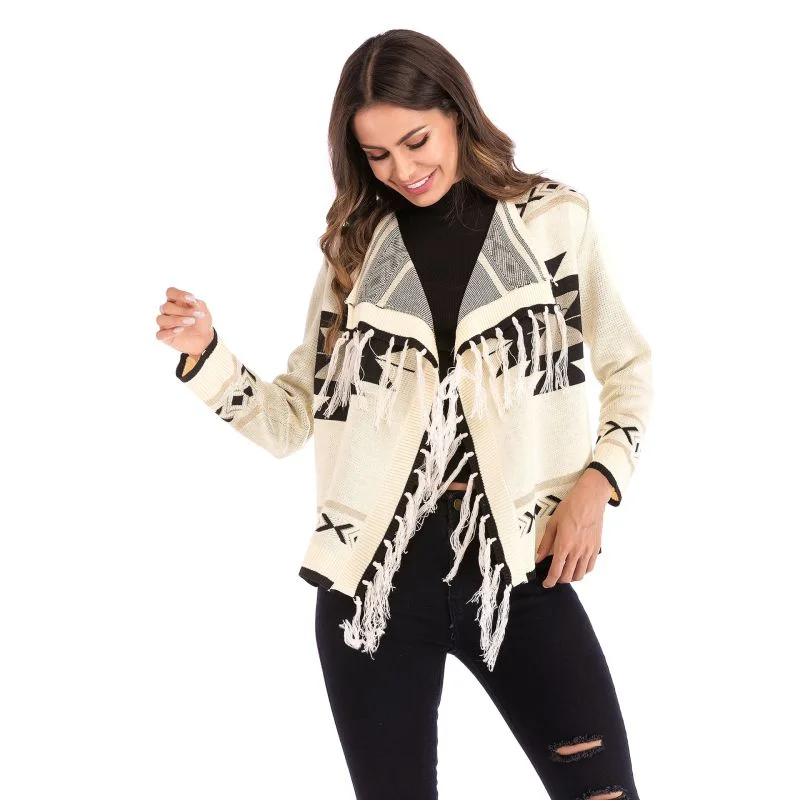 Ethnic Geometric Knitting Tassel Fringed Long-Sleeve Knitted Cardigan Wool Cardigan Cotton Cardigan Cashmere Cardigan Ethnic Geometric Knitting Tassel Fringed Long-Sleeve Knitted Cardigan Wool Cardigan Cotton Cardigan Cashmere Cardigan