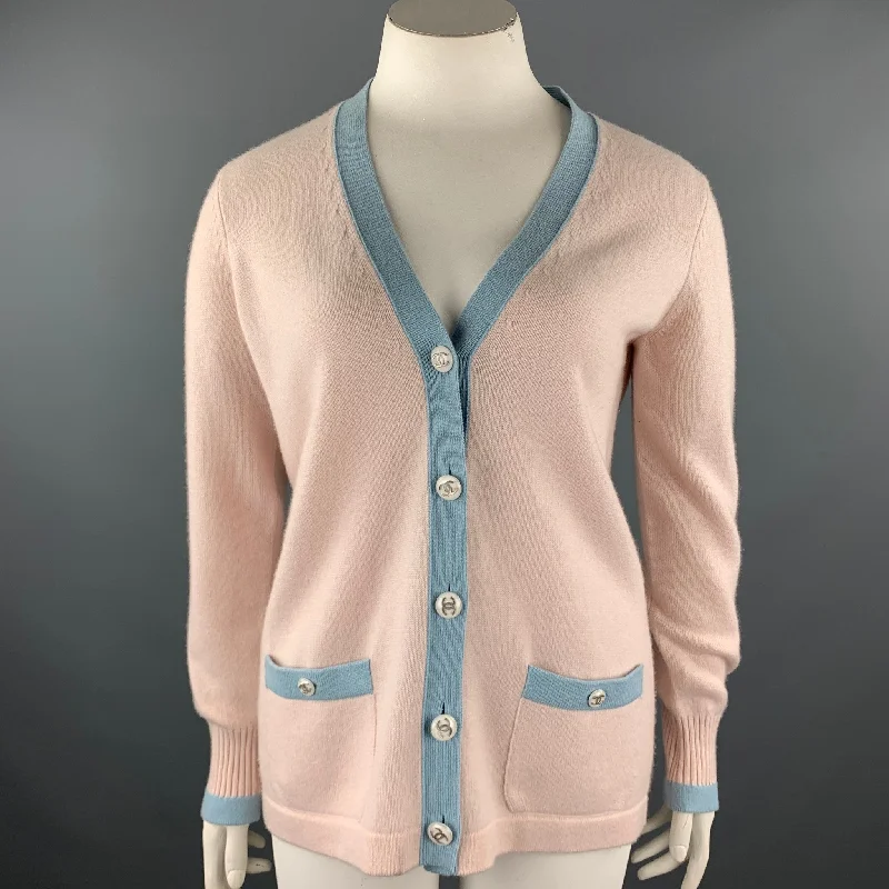 CHANEL Size 10 Pink Knitted Blue Trim Cashmere Cardigan Fitted Slim Tailored