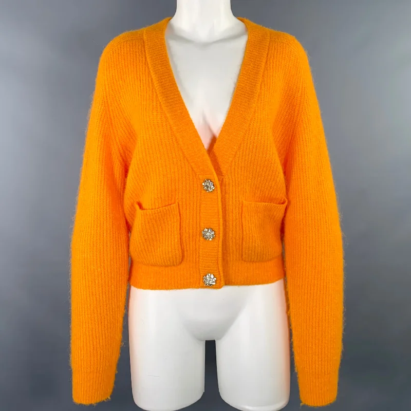 GANNI Size S Orange Alpaca Blend Rhinestones Knit Cardigan Neon metallic Matte