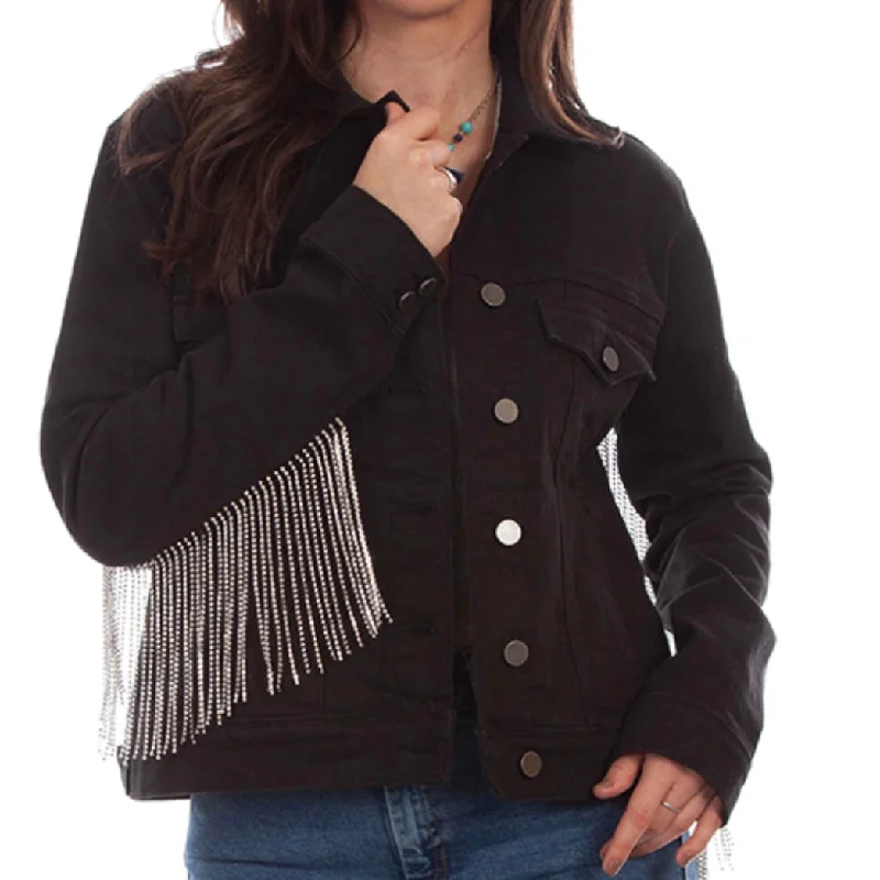 Scully Denim Jacket with Rhinestone Fringe. Toggled Jacket Drawstring Jacket Belted Jacket Scully Denim Jacket with Rhinestone Fringe. Toggled Jacket Drawstring Jacket Belted Jacket