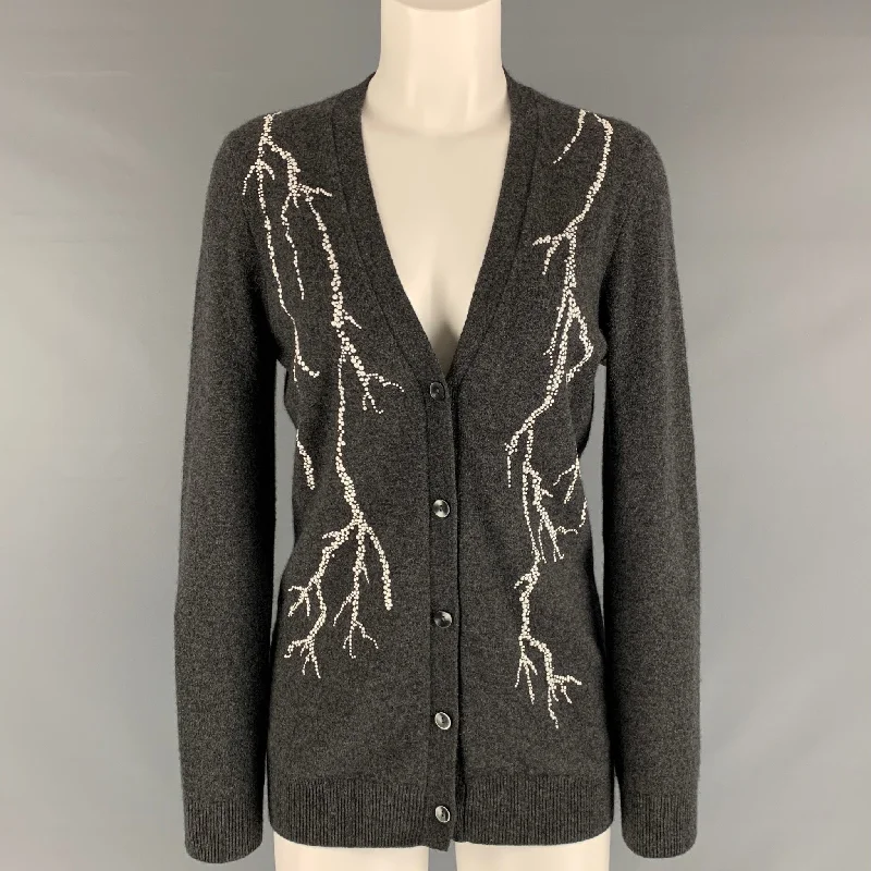 LIBERTINE Size M Grey White Cashmere Beaded V-Neck Cardigan Solid Print Embellished