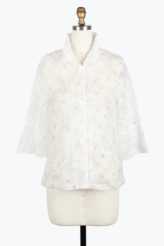 Damee 2420-WHT S25Beaded Flower Mesh Jacket Tiered Jacket Buttoned Jacket Zippered Jacket Damee 2420-WHT S25Beaded Flower Mesh Jacket Tiered Jacket Buttoned Jacket Zippered Jacket