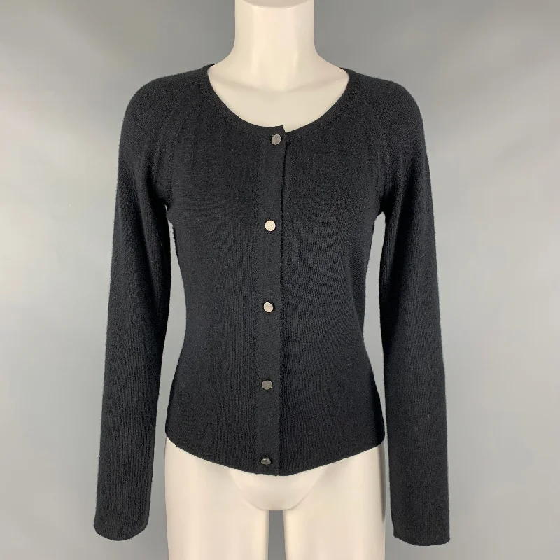 CHANEL Size 8 Black Cashmere Silk Scoop Neck Cardigan Print Jacquard Patchwork