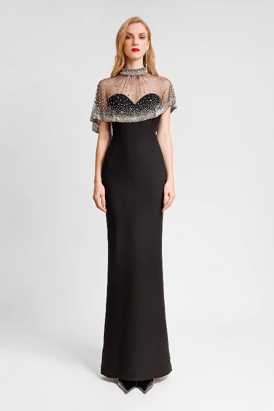 Gemy Maalouf - Beaded Tulle Crepe Dress in Black