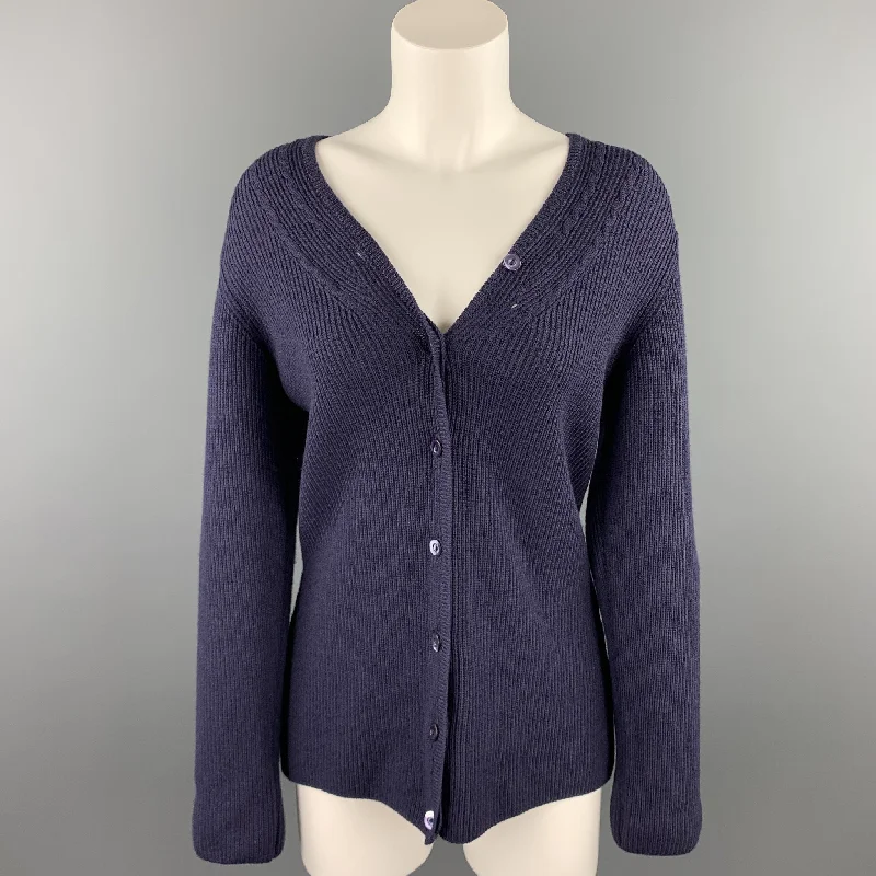 JAEGER Size M Navy Ribbed Merino Wool Buttoned Cardigan Denim Fabric Leather Fabric Suede Fabric