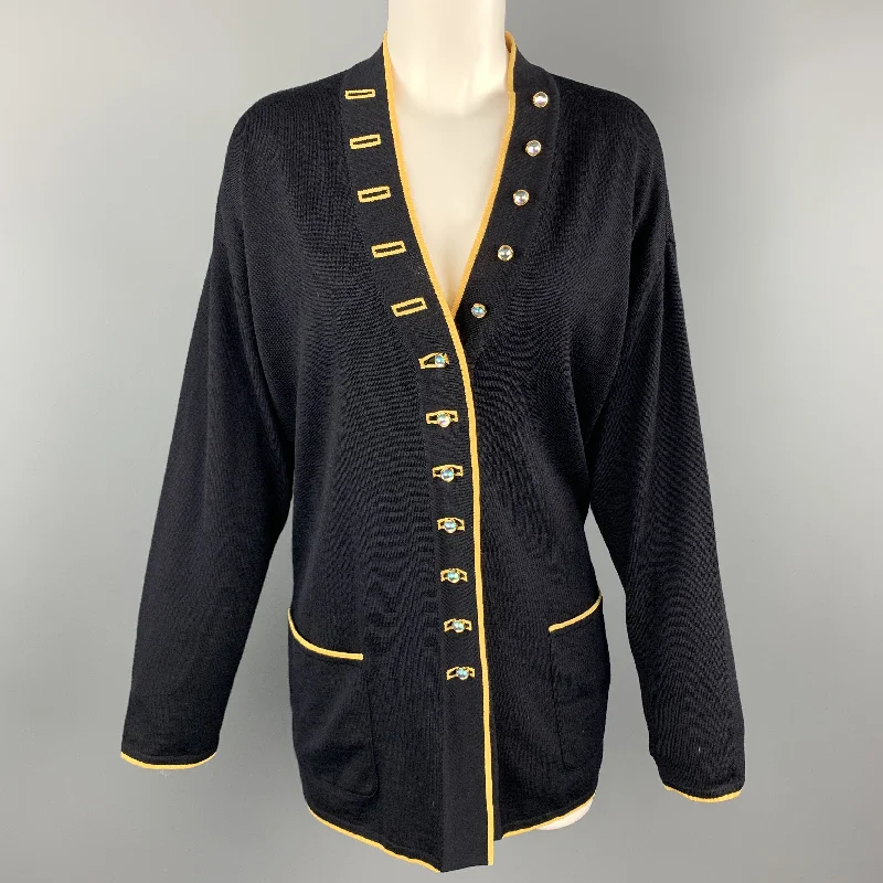 ESCADA Size 8 Navy & Yellow Wool Blend Knit AB Button Cardigan Notch Collar Peter Pan Collar Cowl Neck ESCADA Size 8 Navy & Yellow Wool Blend Knit AB Button Cardigan Notch Collar Peter Pan Collar Cowl Neck