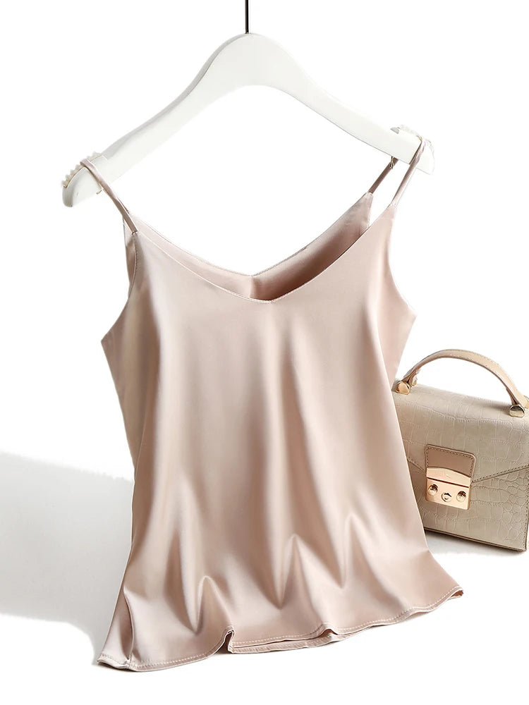 AOSSVIAO 2024 Spaghetti Strap Top Women Halter V Neck Basic White Cami Sleeveless Satin Silk Tank Tops Women'S Summer Camisole grey tank top