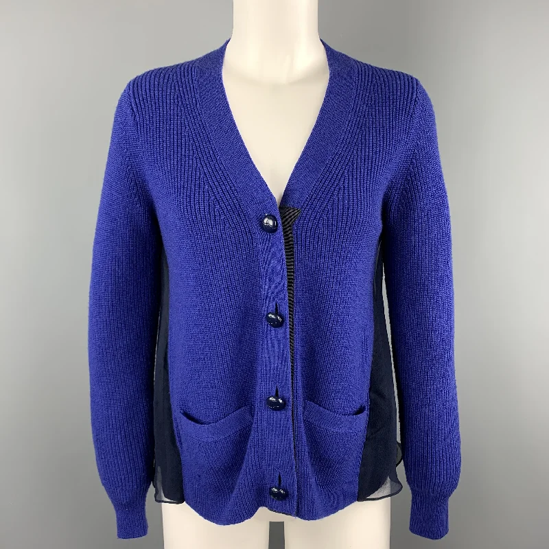 SACAI Size M Blue Chiffon Camisole Back Cardigan Hooded Caped Shawl Collar