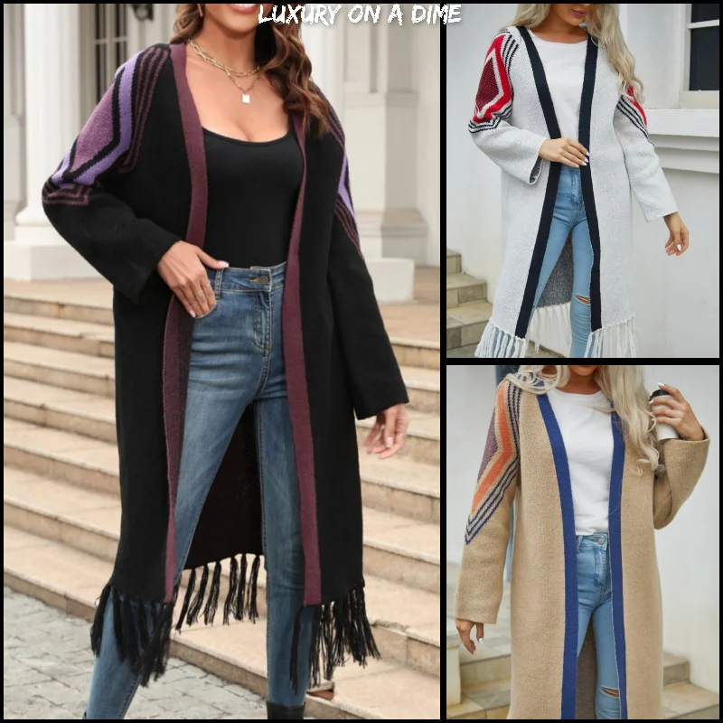 Fringe Retro Geometric Knit Cardigan Sleeve Colorful Open Front Sweater Duster Elasticated Padded Insulated Fringe Retro Geometric Knit Cardigan Sleeve Colorful Open Front Sweater Duster Elasticated Padded Insulated