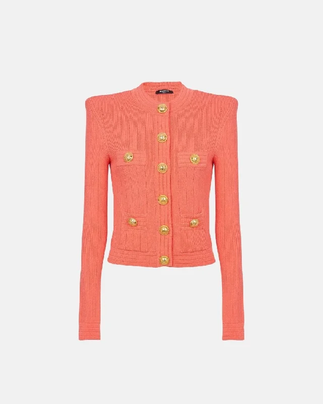 Balmain Women Buttoned Fine Knit Cardigan Salmon Layered Multi-layer Single Layer