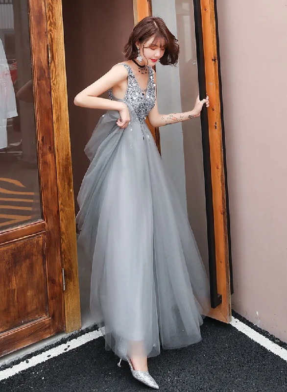 Gray v neck tulle beads prom dress, evening dress cg1177