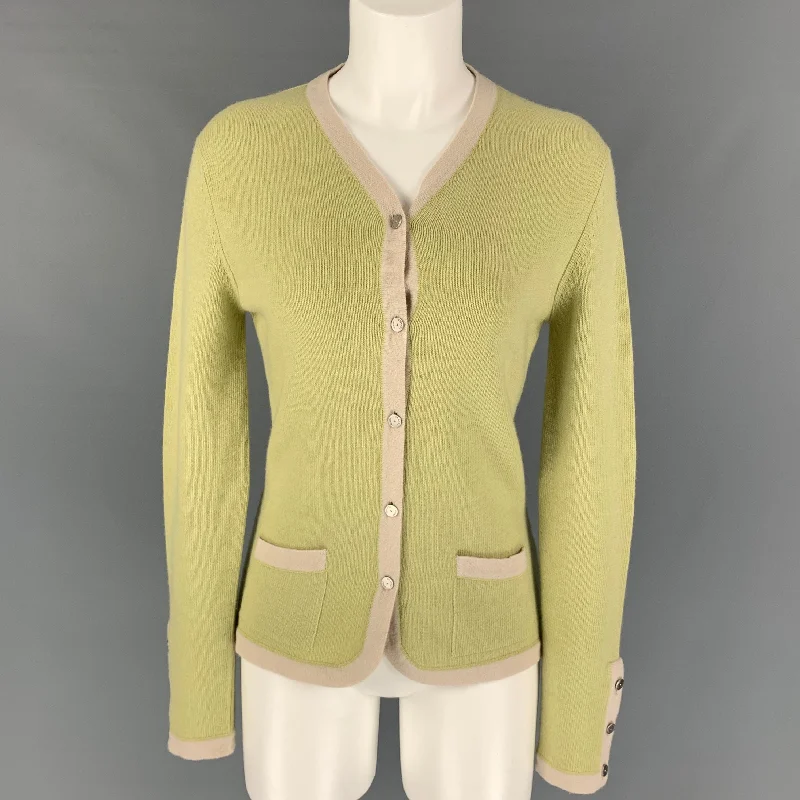 CHANEL Size 10 Chartreuse Cream Cashmere V-Neck Cardigan Real Fur Shearling Chenille