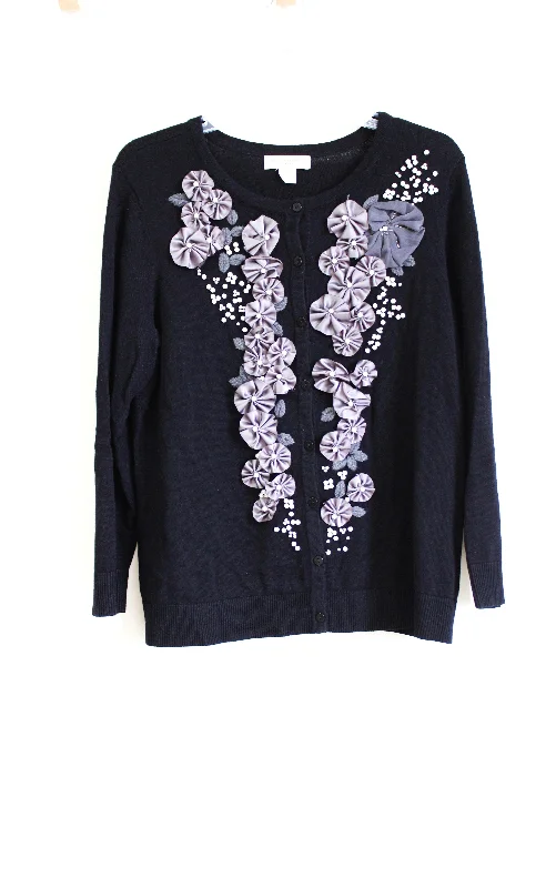 Christopher & Banks Black Knit Floral Applique Cardigan | L Petite Long Cardigan Short Cardigan Medium Cardigan