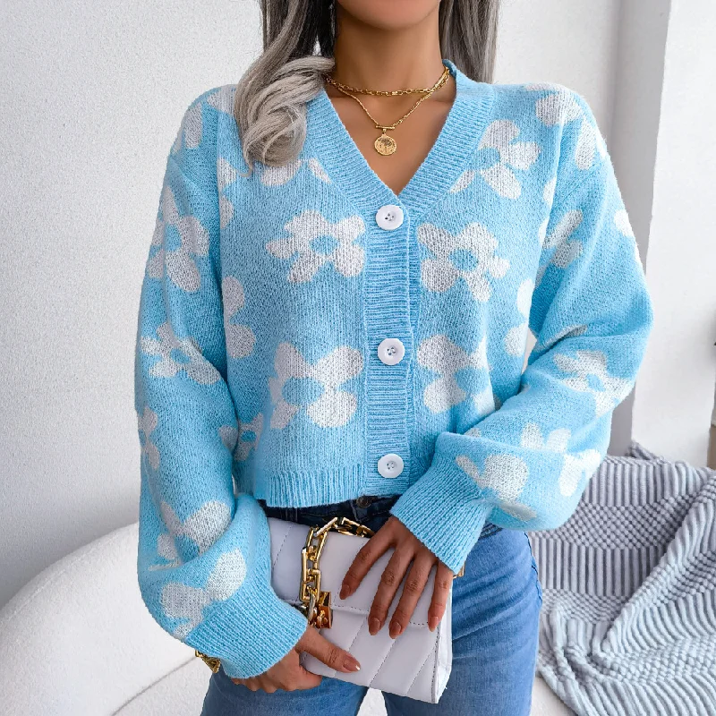 Women Fashion Color Block Floral Lantern Sleeve Cardigan Sweater Coat Wool Fabric Cashmere Fabric Tweed Fabric Women Fashion Color Block Floral Lantern Sleeve Cardigan Sweater Coat Wool Fabric Cashmere Fabric Tweed Fabric