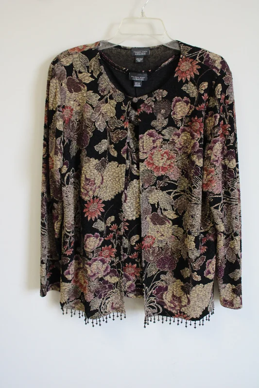 Dressbarn Black Gold Floral Beaded Cardigan & Tank Set | 14/16W Mesh Blend Leather Blend Suede Blend Dressbarn Black Gold Floral Beaded Cardigan & Tank Set | 14/16W Mesh Blend Leather Blend Suede Blend